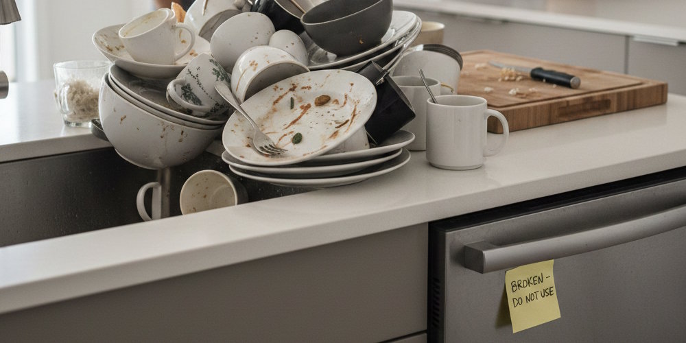 Stressful scene of an overflowing sink full of dirty dishes next to a broken dishwasher, illustrating the frustration of an appliance breakdown.